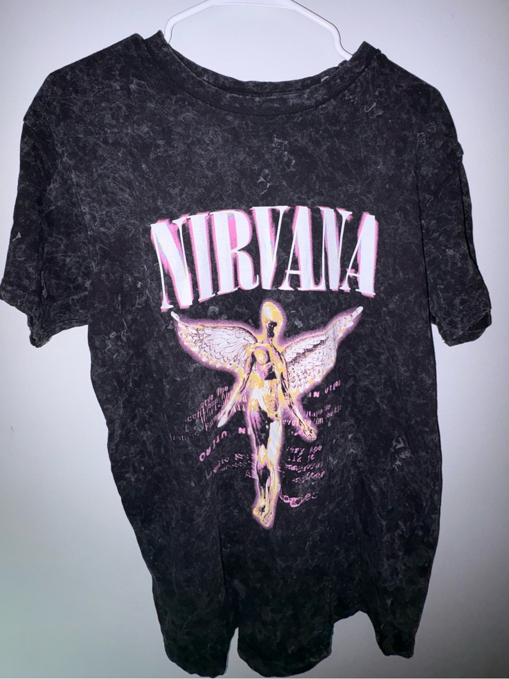 NIRVANA Black Tee with Pink and Yellow Angel Graphic